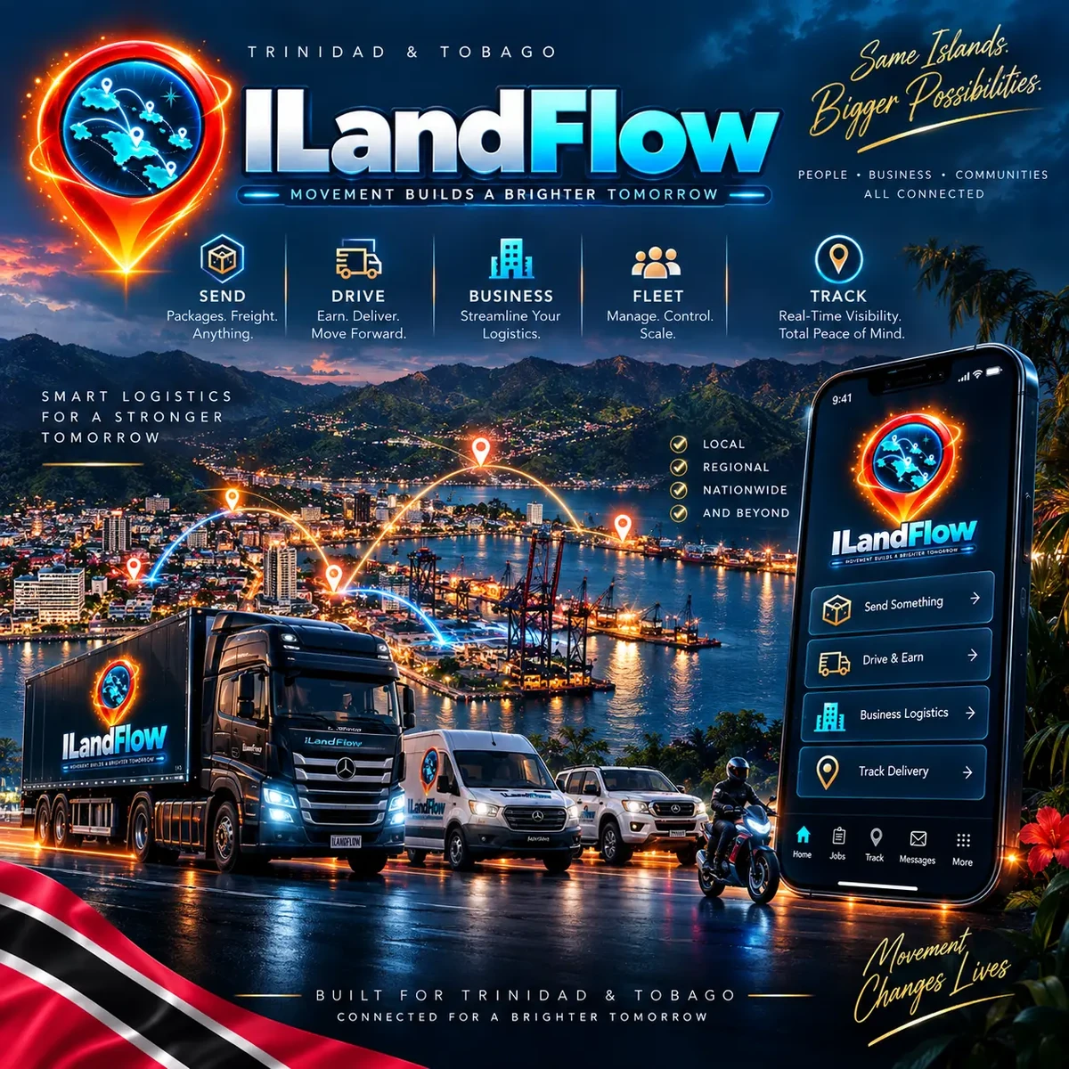 IlandFlow transport network with trucks, vans, a motorcycle and the IlandFlow app.