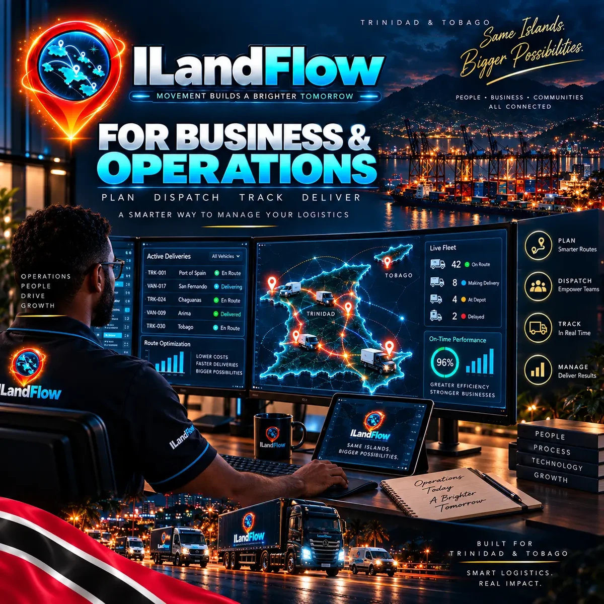IlandFlow business operations team managing deliveries from a connected control desk.