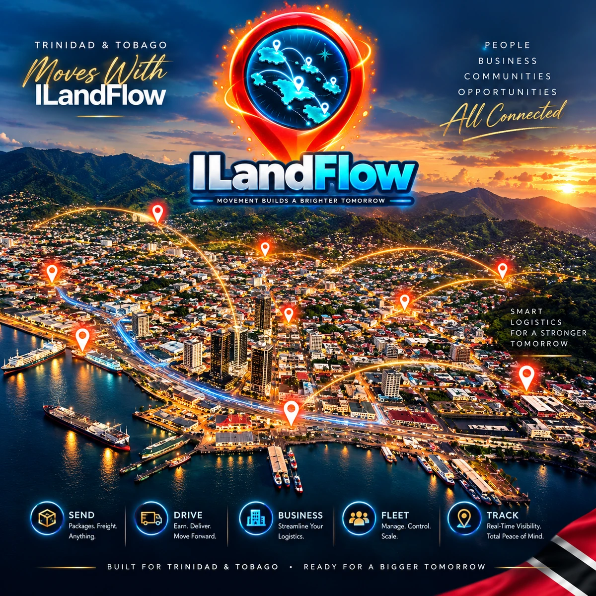 IlandFlow connecting transport, drivers, businesses, fleets and tracking across Trinidad and Tobago.